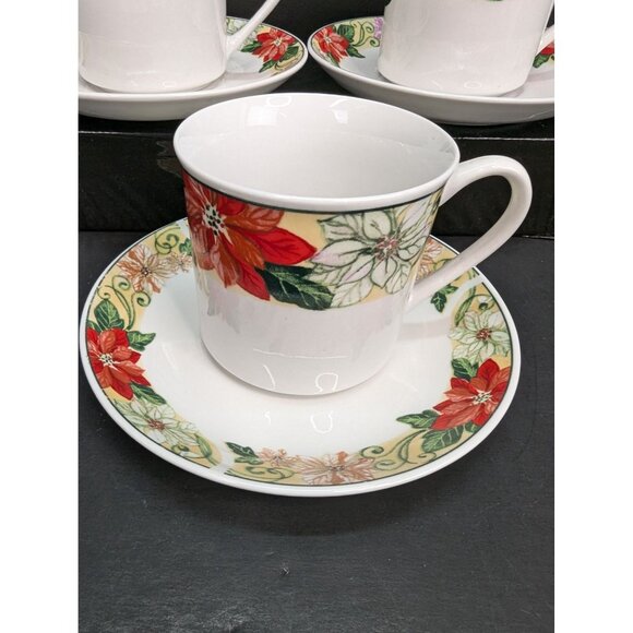 Home Essentials Stoneware Poinsettia Scroll Flat Cup and Saucer Sets Lot of 3 - Picture 4 of 9